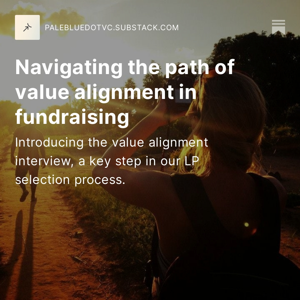 Value alignment is important to all of our relationships, and that includes LPs. Join <a href="/HeidiLindvall/">Heidi Lindvall</a> in our latest Substack post to learn about our value alignment assessment and how it helps us be more responsible during LP selection.

Read on: palebluedotvc.substack.com/p/navigating-t…
