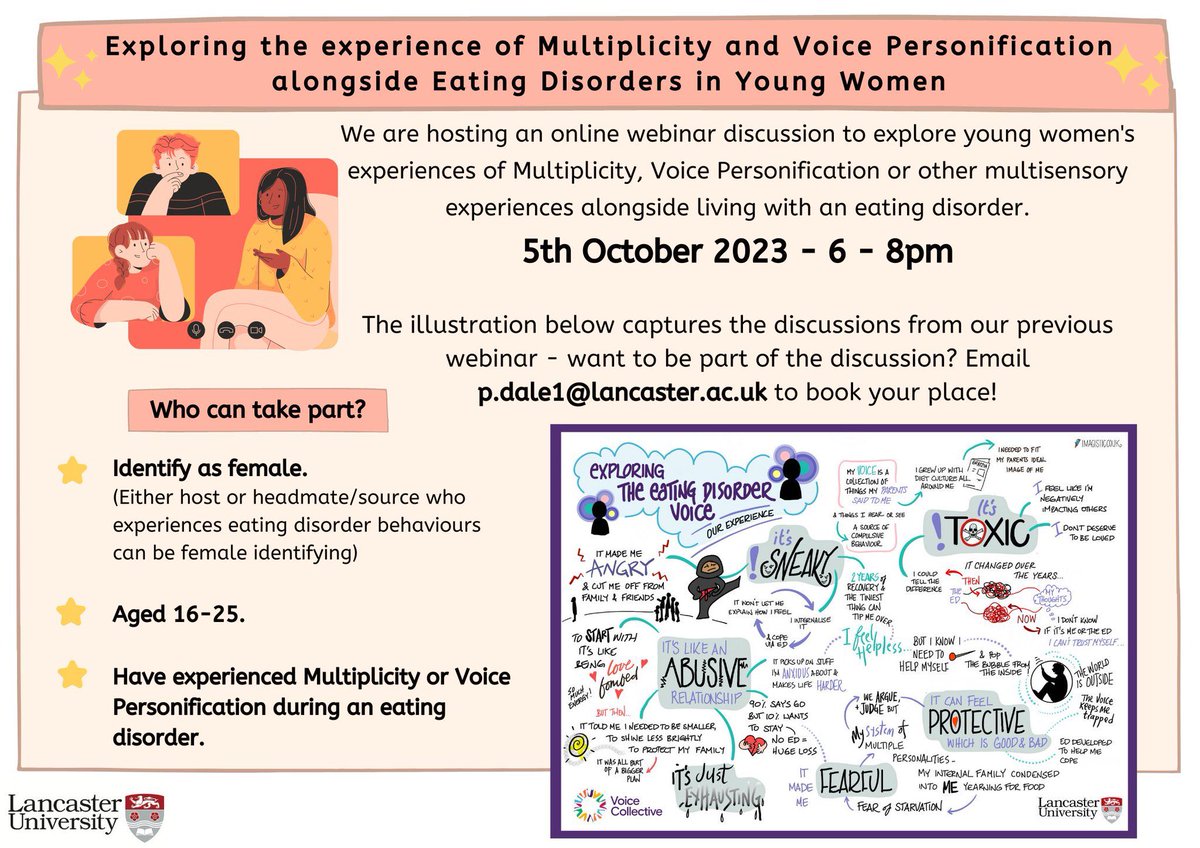 It’s the last week to sign up to my webinar exploring young women’s experiences of #Multiplicity or voice personification while living with an eating disorder! Info below ⬇️ #plurality #PluralTalk #pluralpride #Pluralgang #eatingdisorder #research #voicehearing