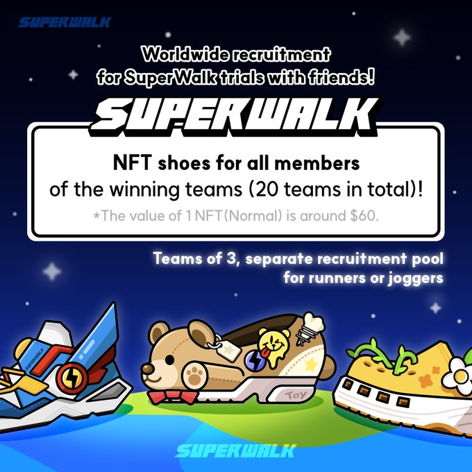 LongCryptoG's tweet photo. Trải nghiệm dùng thử SuperWalk trên toàn thế giới cùng bạn bè của bạn!📢

👩‍👧‍👦Hãy lập nhóm với bạn bè của bạn và Nhận Giày NFT (trị giá khoảng $60) để chơi ở Chế độ kiếm tiền! (Pro Mode)🎁

Để chào mừng sự mở rộng của dự án dApp(M2E) lớn nhất của Klaytn(@klaytn_official_), SuperWalk(@SuperWalk_) tới BNB chain🌎 
Dự án đang tìm kiếm người dùng để trải nghiệm Superwalk cùng bạn bè! 🏃‍♀️🏃🏃‍♀️

Tham gia Superwalk với 2 người bạn (1 người mời + 2 người được mời; ✳️tổng cộng 3 thành viên). Nếu được chọn, bạn và bạn bè của mình sẽ nhận được giày NFT (Loại bình thường, khoảng $60)✨

Nhớ ghi kèm hashtag (#SuperWalk & #Trials) khi đăng bài để chúng mình có thể hỗ trợ nhé🤝

⏰Ngày 27 tháng 9 09:00 (UTC+0) ~ ngày 11 tháng 10 15:00 (UTC+0)

🔽Đăng ký ngay
https://t.co/yYNlMzCALN