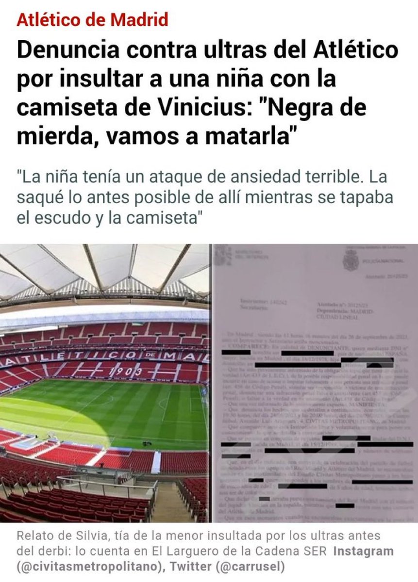 Mientras desde el antimadridismo se intenta crear una cacería entorno a Bellingham, la realidad es que una vez más los nazis del Atlético de Madrid volvieron a protagonizar un episodio de racismo.

Primero fueron los gritos de mono, el siguiente derbi un muñeco colgado de un