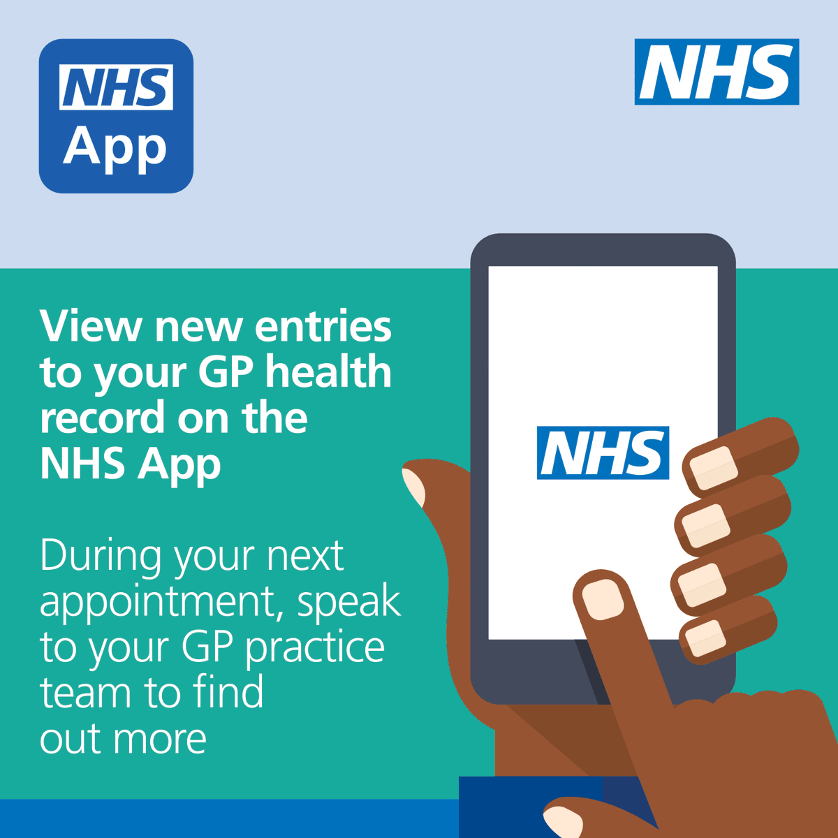 During your next appointment, ask your GP Practice team about accessing your new GP health records on the NHS App.

nhs.uk/helpmeapp