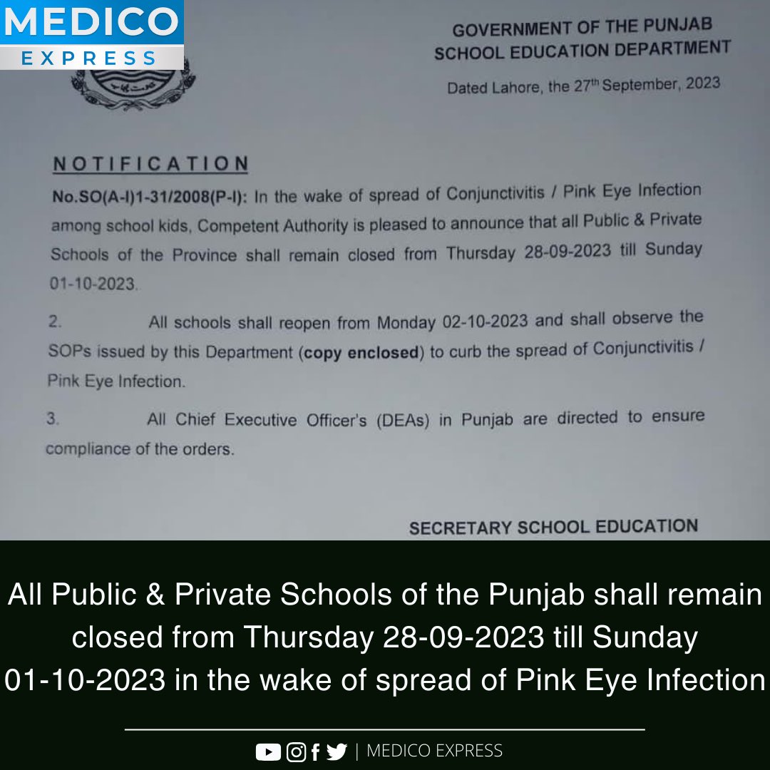 Medico_express_'s tweet photo. All Public &amp; Private Schools of the Punjab shall remain closed from Thursday 28-09-2023 till Sunday
01-10-2023 in the wake of spread of Pink Eye Infection #schools #eye #pinkeye #news https://t.co/S4KcoKXqNa