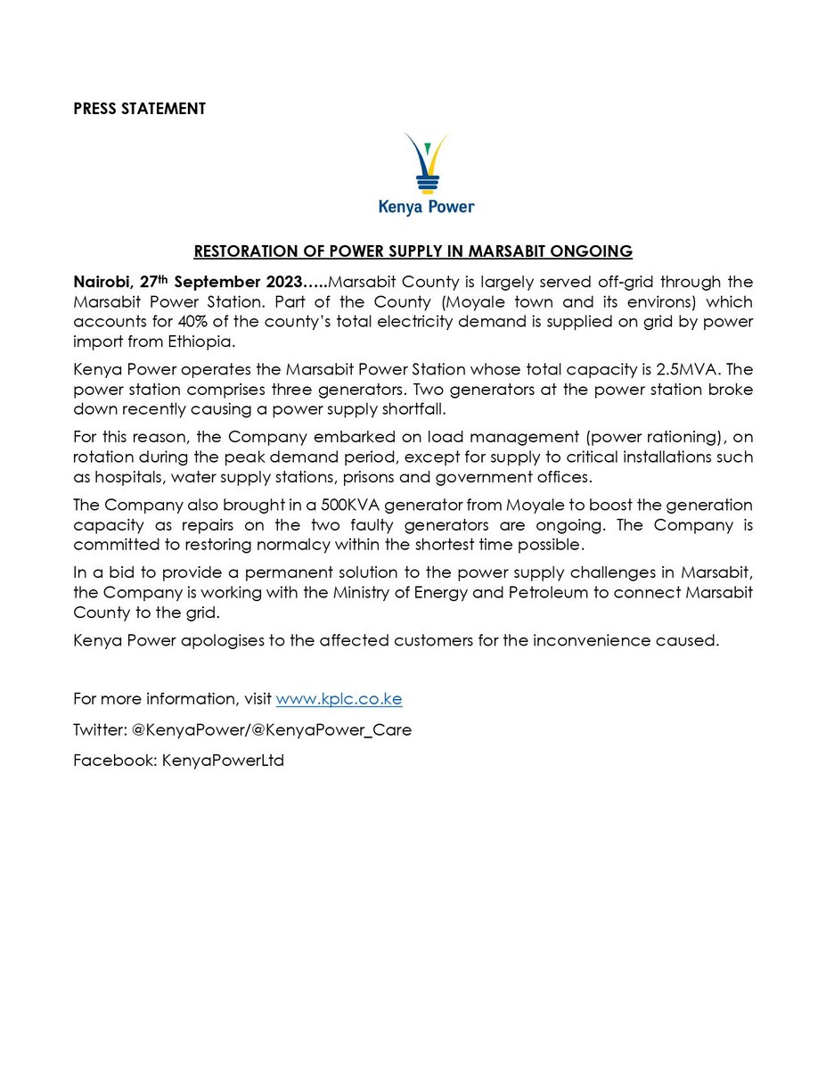 KenyaPower's tweet photo. PRESS STATEMENT: Restoration of Power Supply in Marsabit Ongoing https://t.co/nb8CPQQRax