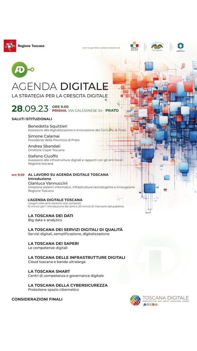 Domani a Prisma (Prato) per la prima tappa di confronto sull’agenda digitale di <a href="/regionetoscana/">Regione Toscana</a> . Vi aspetto!
<a href="/bisquittieri/">benedetta squittieri</a> <a href="/Calamai_Simone/">Simone Calamai</a> <a href="/cispeltos/">Cispel Toscana</a> <a href="/AnciToscana/">Anci Toscana</a> <a href="/UpiToscana/">Upi Toscana</a>