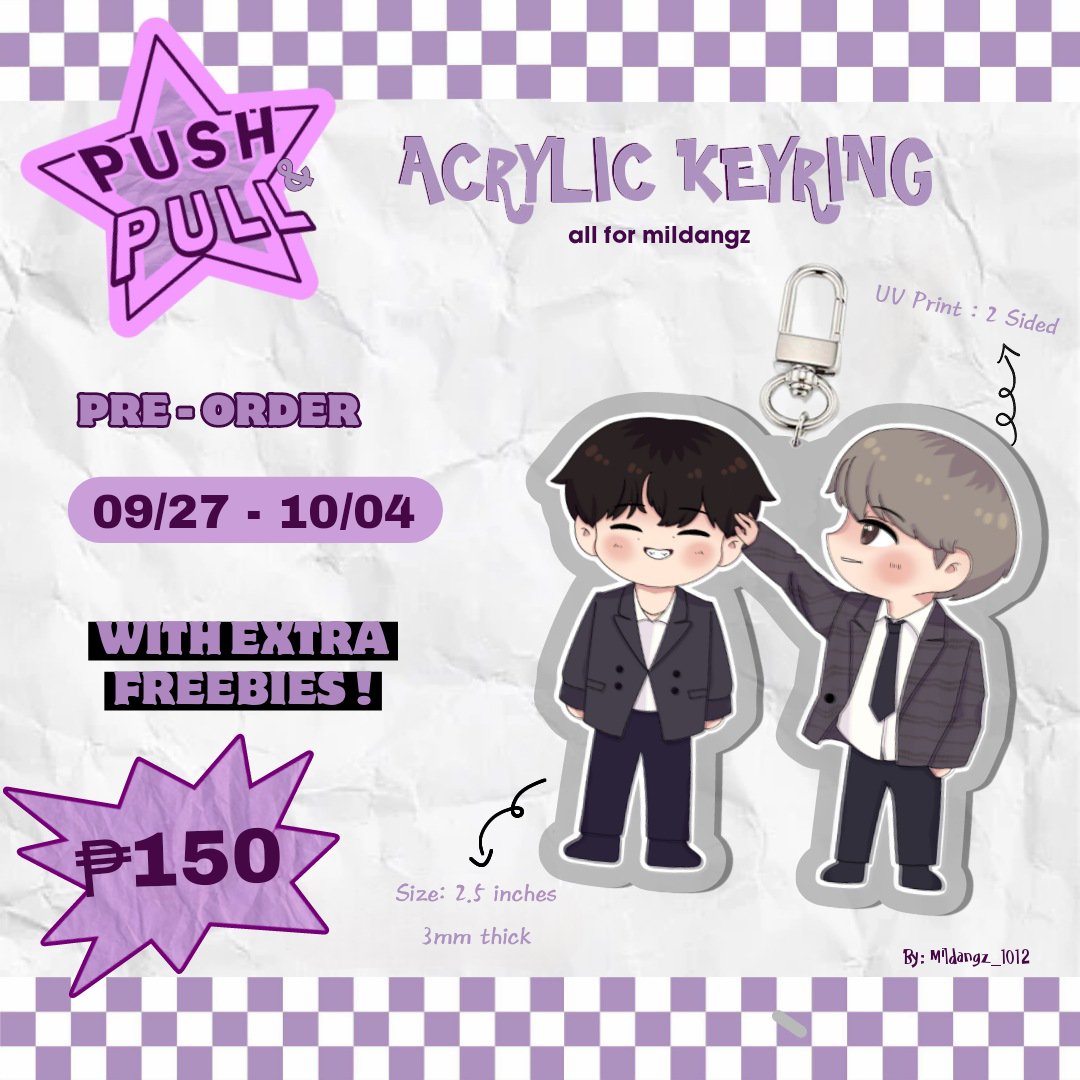 PUSH &amp; PULL ACRYLIC KEYRING 
                   ੈ✩‧₊˚ all for mildangz ｡⁠:ﾟ

PRE - ORDER ONLY (limited)

📎 3mm thick 
📎 2 sided
📎 UV PRINT 

📆  PO :  09/27 - 10/04📆

✧ DM TO SECURE ✧
