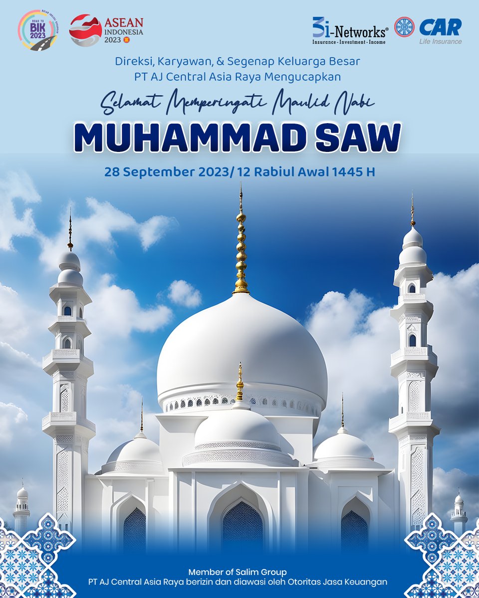 CARLife_ID's tweet photo. Direksi, Karyawan, & Segenap Keluarga Besar PT AJ Central Asia Raya Mengucapkan Selamat Memperingati Maulid Nabi Muhammad SAW.
Semoga kita semua bisa menerapkan keteladanan dan akhlak Nabi Muhammad SAW dalam kehidupan sehari-hari.
#CARLifeInsurance #MaulidNabi #HariBesar https://t.co/olXQNU1b2i