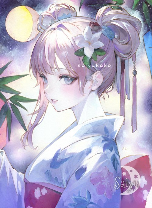 絵画　手描きイラスト　美人画　水彩画　原画　浴衣　眼鏡　紫陽花 絵画 手描きイラスト 美人画 水彩画 原画 浴衣 眼鏡 紫陽花Ω