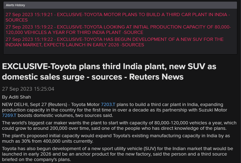 aditishahsays's tweet photo. #OnReuters @ToyotaMotorCorp is looking at expanding its production capacity in India with a third plant. A successful partnership with Suzuki is driving up sales and plant utilisation levels! It is also planning a new C-SUV for India codenamed 340Dπ https://t.co/i6iifE08CJ