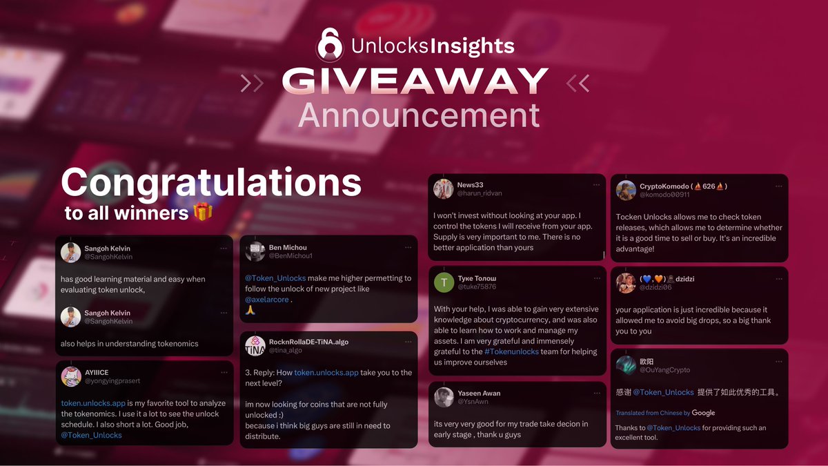 Tokenomist_ai's tweet photo. 🌟 Winner Announcement 🌟

A big thanks to everyone who participated. You've shown us how TokenUnlocks has taken you to the next level. 🆙

🎁 Reward:
3 months of unlocks insights exclusive access on https://t.co/sl8hBnQhhz

Now, it's time to celebrate our 10 lucky winners:
@SangohKelvin
@yongyingprasert
@BenMichou1
@tina_algo
@harun_ridvan
@tuke75876
@YsnAwn
@komodo00911
@dzidzi06
@OuYangCrypto

If your name is on the list, please DM @Unlocks_intern  to claim your well-deserved reward. Let's celebrate! 🎉

💎 Claim Period: 27 Sep - 3 Oct 2023