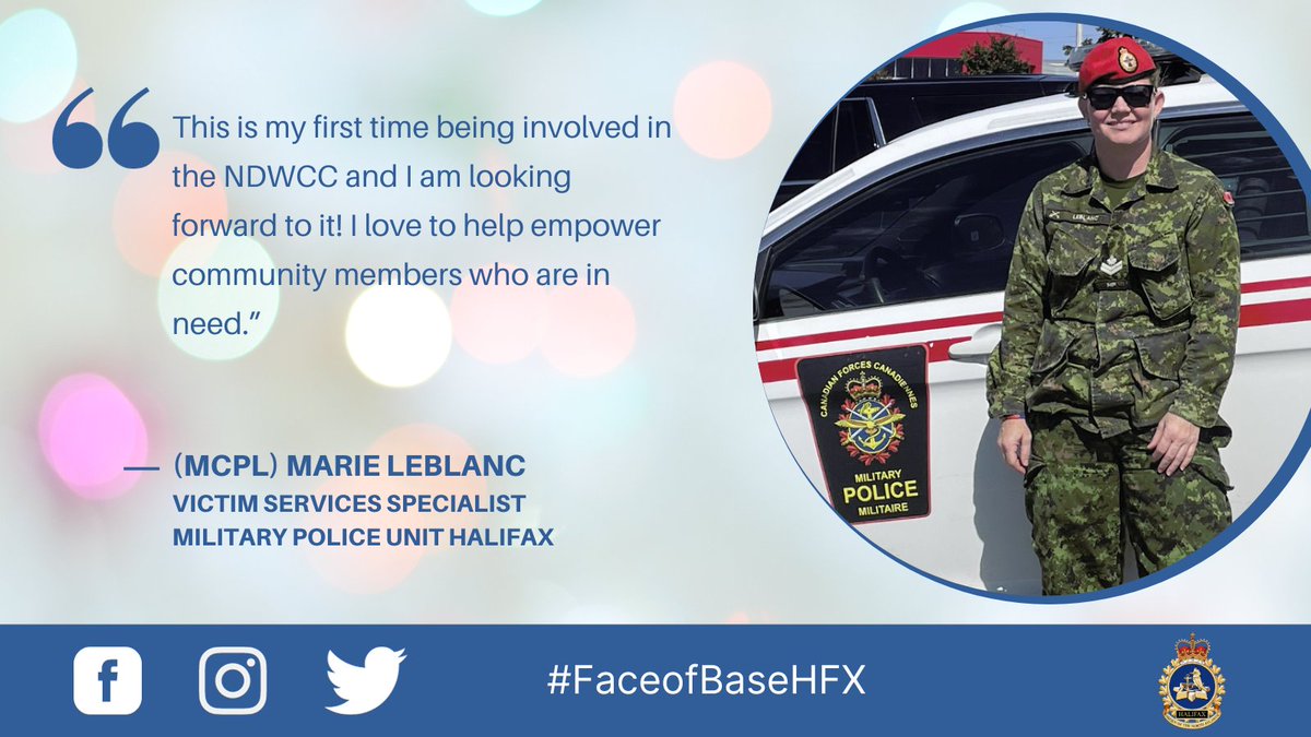 CFB_BFCHalifax's tweet photo. Meet this week’s #FaceofBaseHFX, MCpl Marie LeBlanc! Learn about her job at Military Police Unit Halifax and how she’s supporting the 2023 #NDWCC here: https://t.co/K8bak3n6Cy https://t.co/ezSXo9PEOf