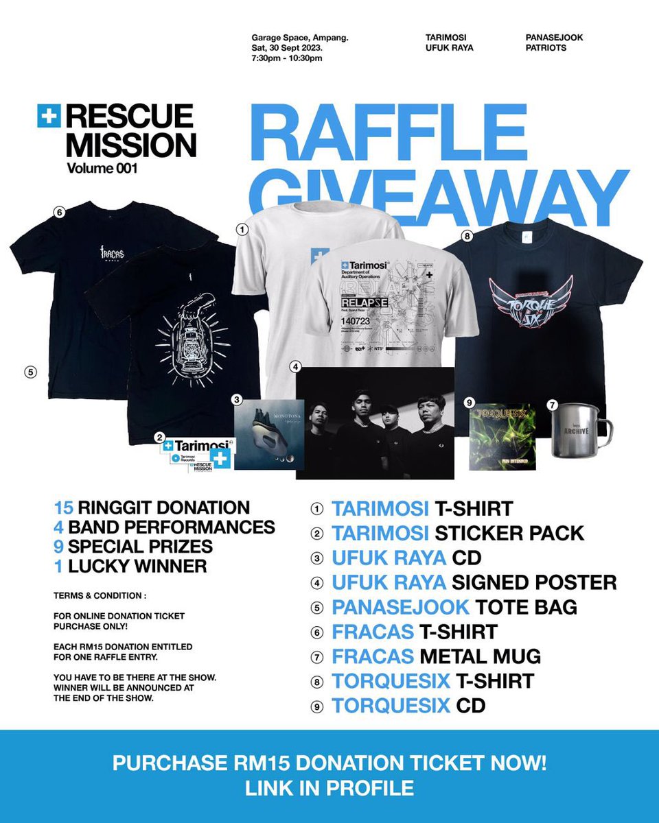 Guys nak minta tolong support Rescure mission by <a href="/tarimosi_/">TARIMOSI</a> crowd funding show Alhamdulillah skrg dah 1.5k terkumpul details ada di poster kalau tak keberatan minta tolong RT support local scene kita. link rescuemission.yezza.co/donation/wle7yr
