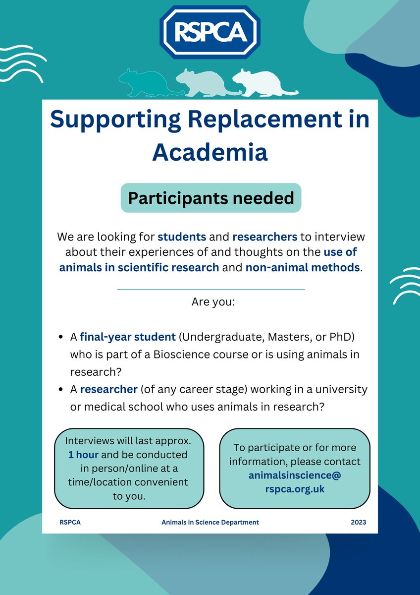 RSPCA - Animals in Science (@rspca_labanimal) on Twitter photo 📢Call for participants: RSPCA's Replacement Research Project!
🐁Are you a biosciences student or an ASPA-regulated animal researcher? Contribute to our study on social and cultural factors affecting non-animal methods in research
📩Get in touch at animalsinscience@rspca.org.uk 📢Call for participants: RSPCA's Replacement Research Project!
🐁Are you a biosciences student or an ASPA-regulated animal researcher? Contribute to our study on social and cultural factors affecting non-animal methods in research
📩Get in touch at animalsinscience@rspca.org.uk