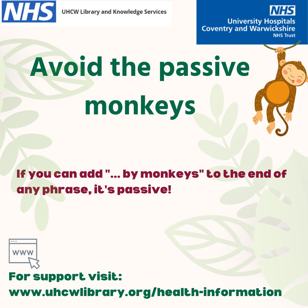 UHCWLibrary's tweet photo. with thanks to @monzo for inspiring us to avoid passive monkeys. #LibrariesWeek #PatientCare #patientinformationleaflets https://t.co/dDpFAYWw71