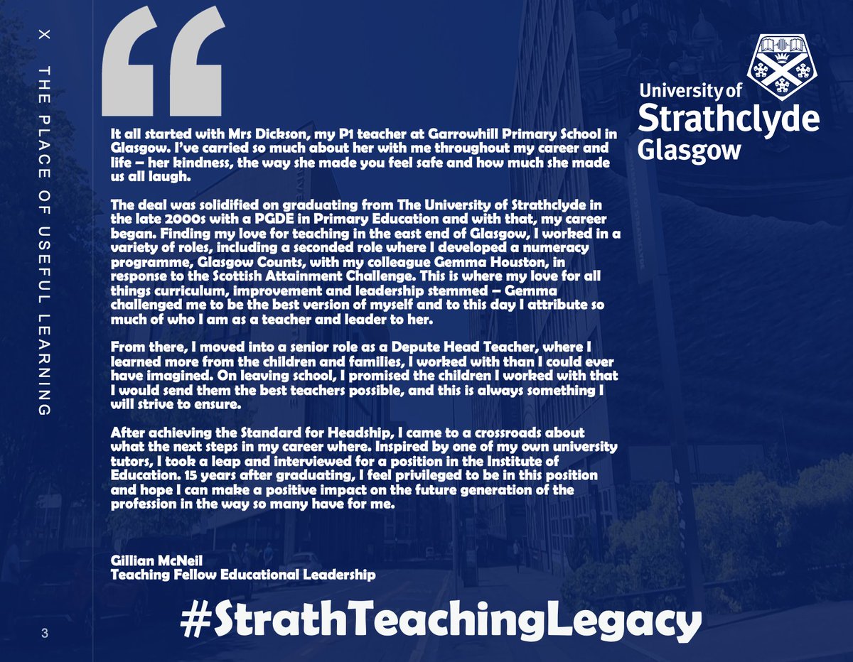 StrathEDU's tweet photo. In the lead up to #WorldTeachersDay... Another of our wonderful colleagues, Teaching Fellow and Educational leadership specialist Gillian McNeil, shares her story #StrathTeachingLegacy @gmac_mcneil https://t.co/Sy5mDVHITF