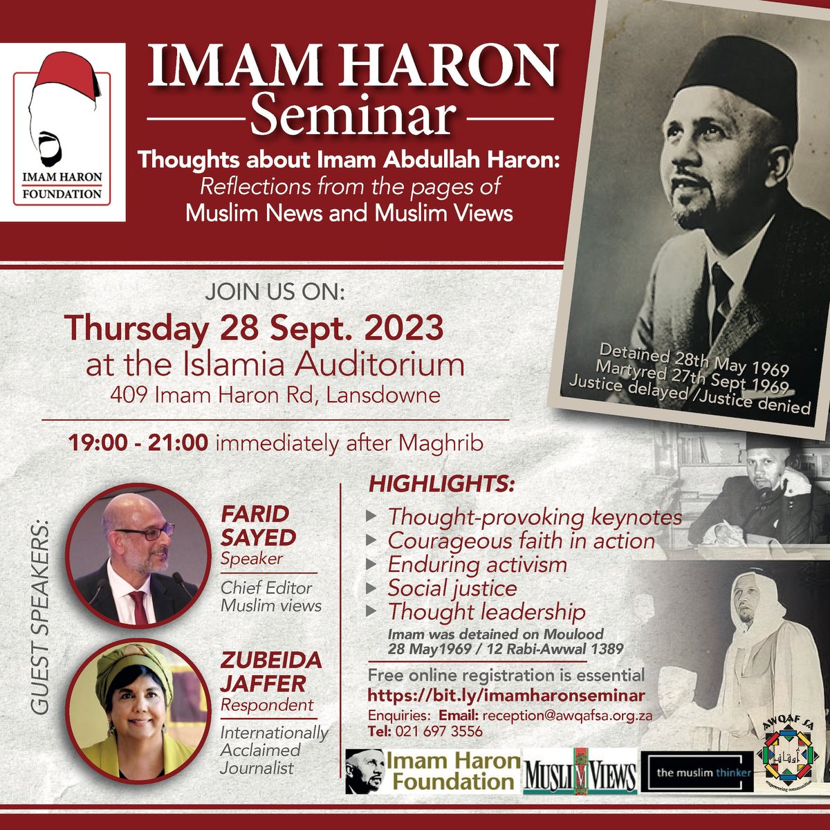 The Imam Haron Seminar will be live-streamed on YouTube.
To obtain the registration links, register now: bit.ly/imamharonsemin…