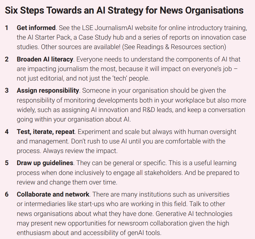 mikesalzwedel's tweet photo. Here are six steps towards an AI strategy for newsrooms, as published in the recently released report from @PolisLSE and @GoogleNewsInit:  "Generating Change: A global survey of what news organisations are doing with AI". 

Ful report at https://t.co/uw7WeAetKa https://t.co/JyAsX5WKnU