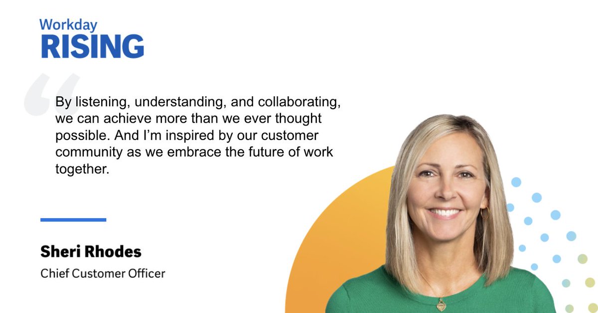 DanRawding's tweet photo. How does our customer community drive innovation? Our Chief Customer Officer Sheri Rhodes shares her thoughts. Get ready to embrace the future of work at #WDAYRising. #TeamWDAY https://t.co/pqLPqmMk5a https://t.co/khGHSNxVFc