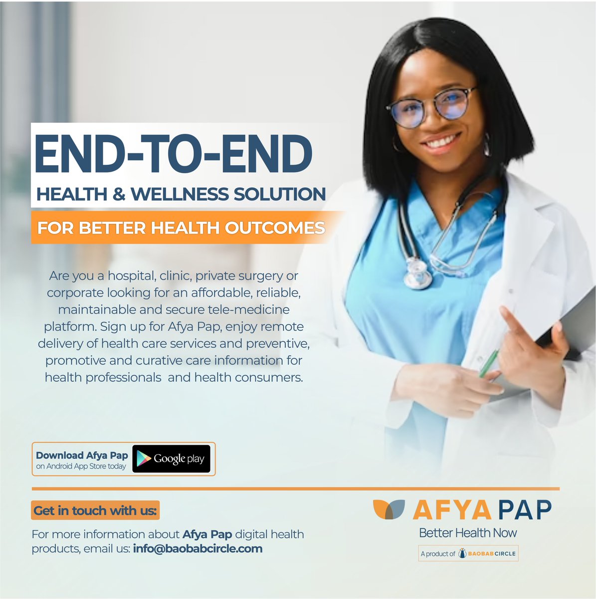 Afya_Pap's tweet photo. For more information on our end-to-end health and wellness solution, write to us here: info@baobabcircle.com

#afyapap #digitalwellness #healthandwellness #wellnesssolution https://t.co/OVMGaTtiql