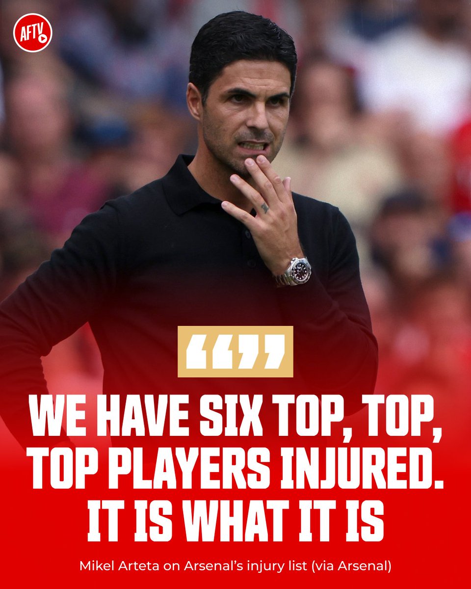 AFTVMedia's tweet photo. Do you think Arsenal's injury list is the reasoning behind our lack of fluidity so far this season? 😬

#AFC #Arsenal https://t.co/sSSaZB4pzJ