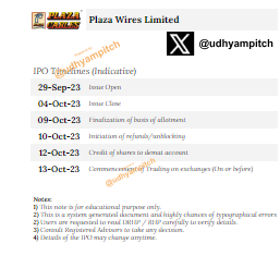 UdhyamPitch's tweet image. Plaza Wires Limited IPO IPO Timelines #plazawireslimited #consumer #fmeg #ipo #iponews #consumer #wiresandcables #plazawiresipo