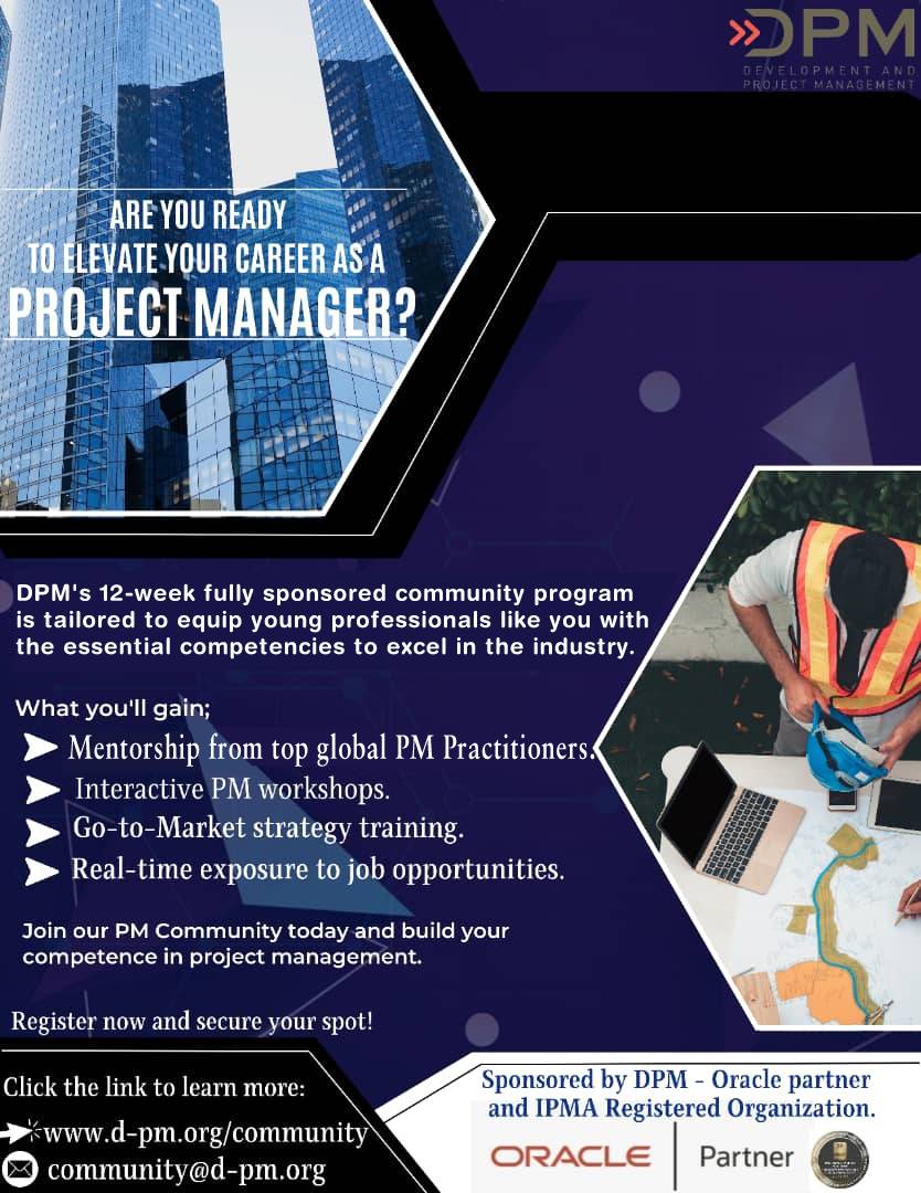 ipma_ng's tweet photo. Ready to make a mark in project management? DPM's sponsored Program closes registration on October 10, 2023. Get the skills, mentorship, and job exposure you need to excel in this high-demand field. Join now: https://t.co/03ntKbBsad https://t.co/iVPj82e5dy