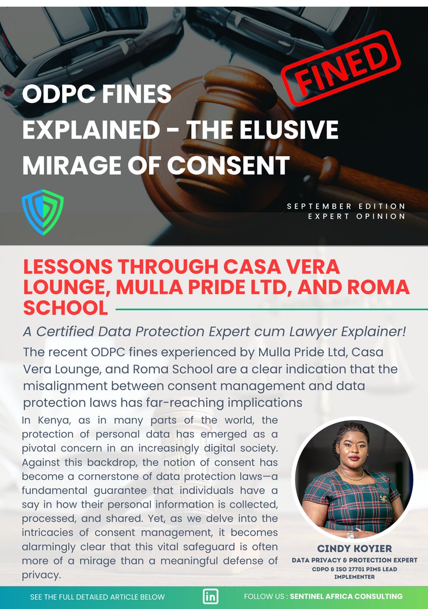 SentinelAfrica's tweet photo. The recent @ODPC_KE Fines on Casa Vera lounge, Mulla Pride Ltd, Casa Vera Lounge, and Roma School Explained. What does the Data Protection Act note. 
One of our Data Protection and Privacy Expert delves into this. Download and read full article here - https://t.co/Z637tnqf8w https://t.co/b6XQ1ucmP5
