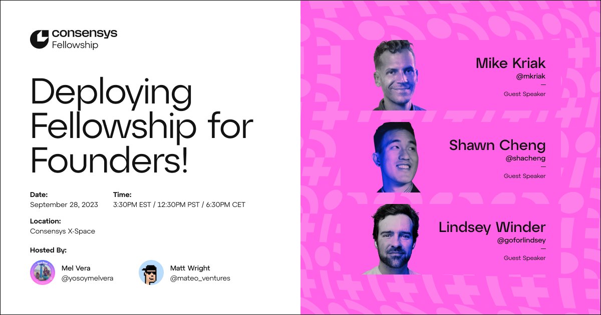 Consensys.eth (@consensys) on Twitter photo To celebrate the launch of our #ConsensysFellowship program we're hosting an X space tomorrow @ 3:30 PM EST🥳
Join <a href="/yosoymelvera/">Mel Vera (:D, :D)</a> & <a href="/mateo_ventures/">mattwright.eth | d/acc</a> as they chat with <a href="/shacheng/">shawn.eth</a>, <a href="/mkriak/">Mike Kriak</a> & <a href="/goforlindsey/">Lindsey Winder (🏄♂️,🏗)</a> about the program and its perks.
Set your reminder: x.com/i/spaces/1MYxN… To celebrate the launch of our #ConsensysFellowship program we're hosting an X space tomorrow @ 3:30 PM EST🥳
Join <a href="/yosoymelvera/">Mel Vera (:D, :D)</a> & <a href="/mateo_ventures/">mattwright.eth | d/acc</a> as they chat with <a href="/shacheng/">shawn.eth</a>, <a href="/mkriak/">Mike Kriak</a> & <a href="/goforlindsey/">Lindsey Winder (🏄♂️,🏗)</a> about the program and its perks.
Set your reminder: x.com/i/spaces/1MYxN…