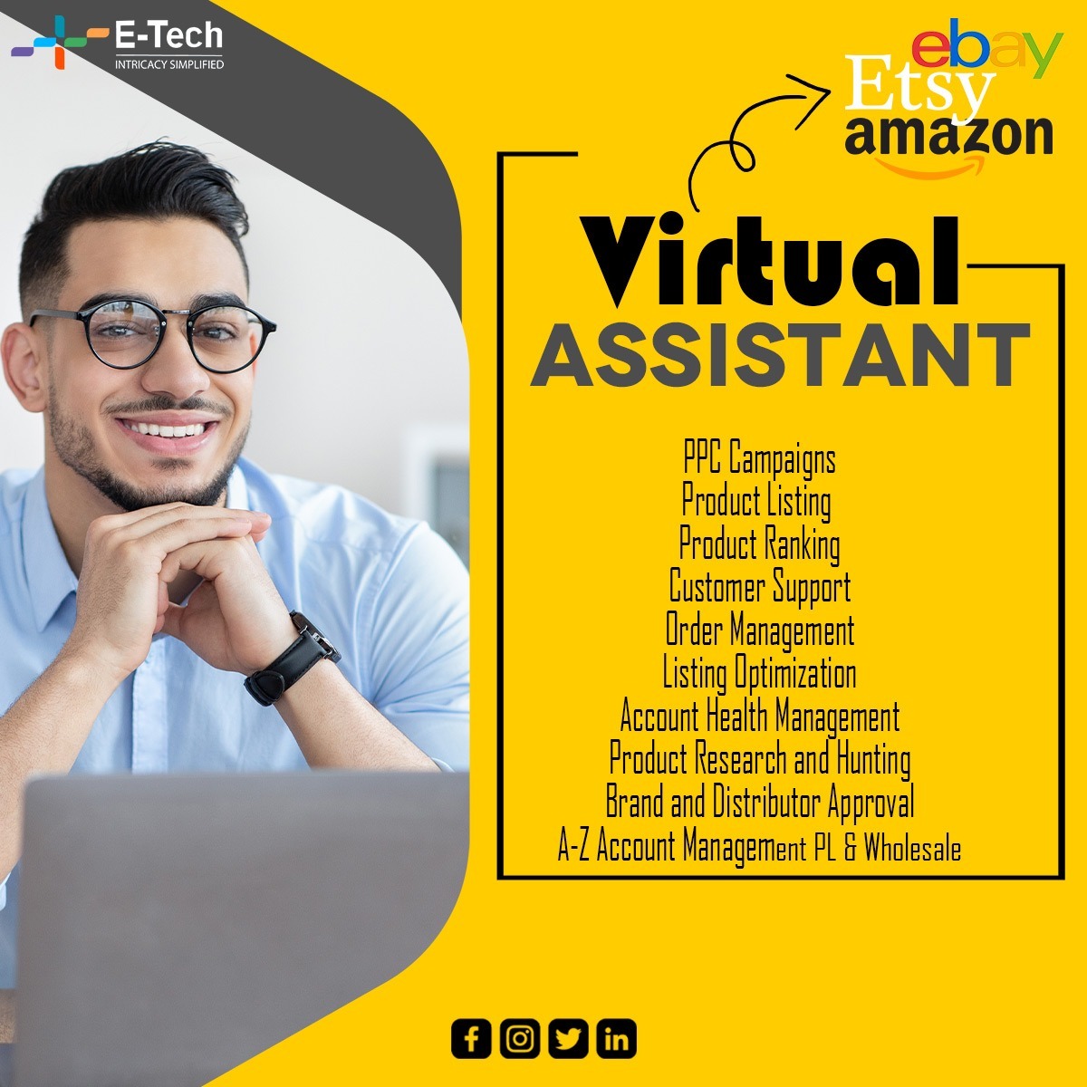 etechmarketing's tweet photo. Thinking of hiring an Amazon virtual assistant?
What services we provide
· PPC Campaigns
· Product Listing &amp; Ranking
· Customer Support
· Order Management
· Listing Optimization
· Account Health Management
· Product Research and Hunting
· Brand and Distributor Approval
#amazon https://t.co/U63PRMwIdD