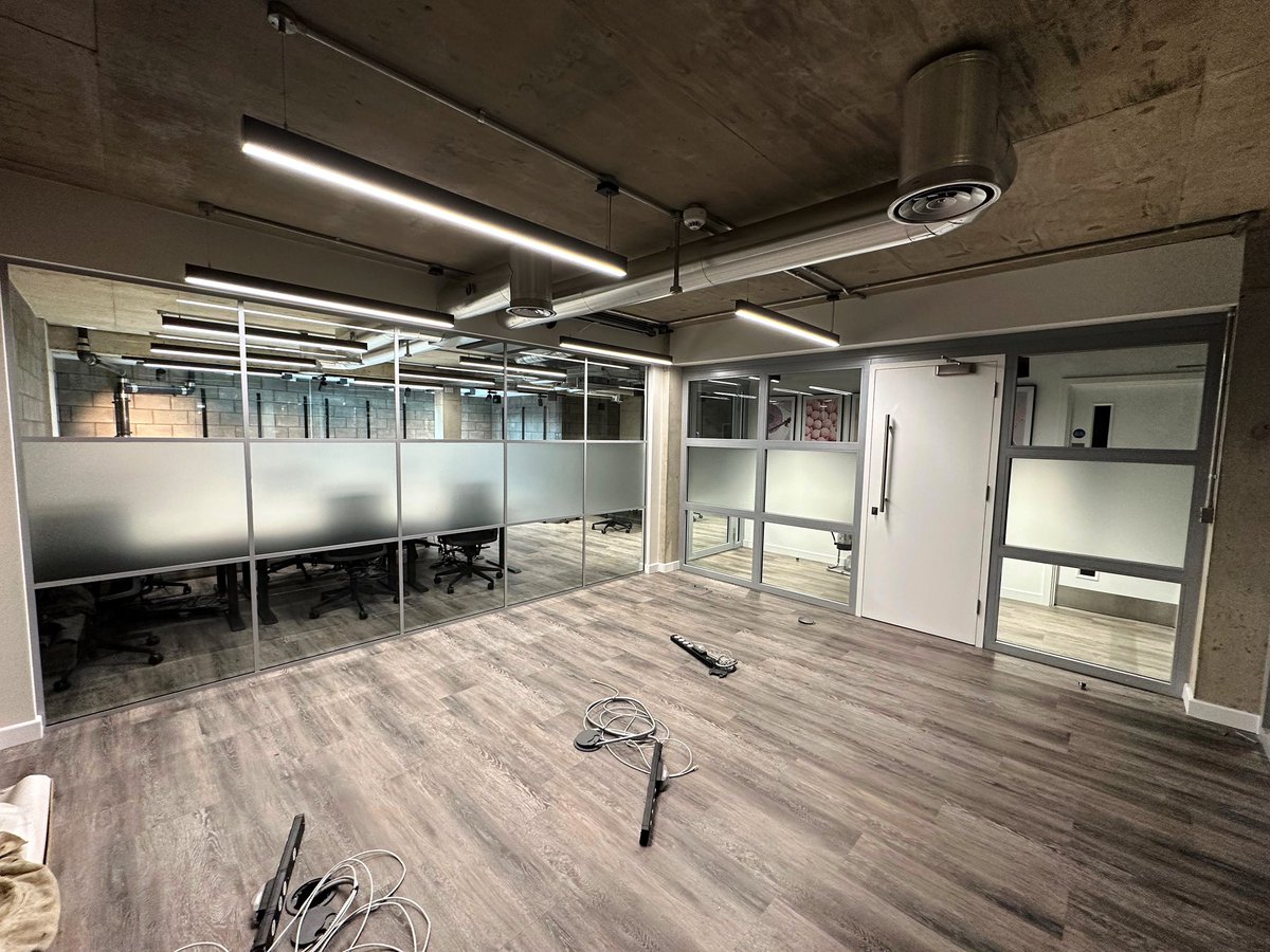 mickycalcott's tweet photo. This office looks fantastic. A couple of weeks ago, we installed the frosted window film to the glass partitions as part of the office fit-out. https://t.co/yEH0rBGeib
