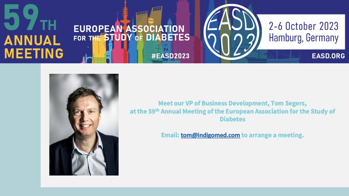 We’re looking forward to the upcoming 59th EASD Conference in Hamburg from 2-6 October.
 
<a href="/TomSegers/">Tom Segers</a>, our VP of Business Development will be attending.

If you would like to meet Tom, please contact: tom@indigomed.com
 
#EASD2023 #IndigoDiabetes #chronicdiseases
