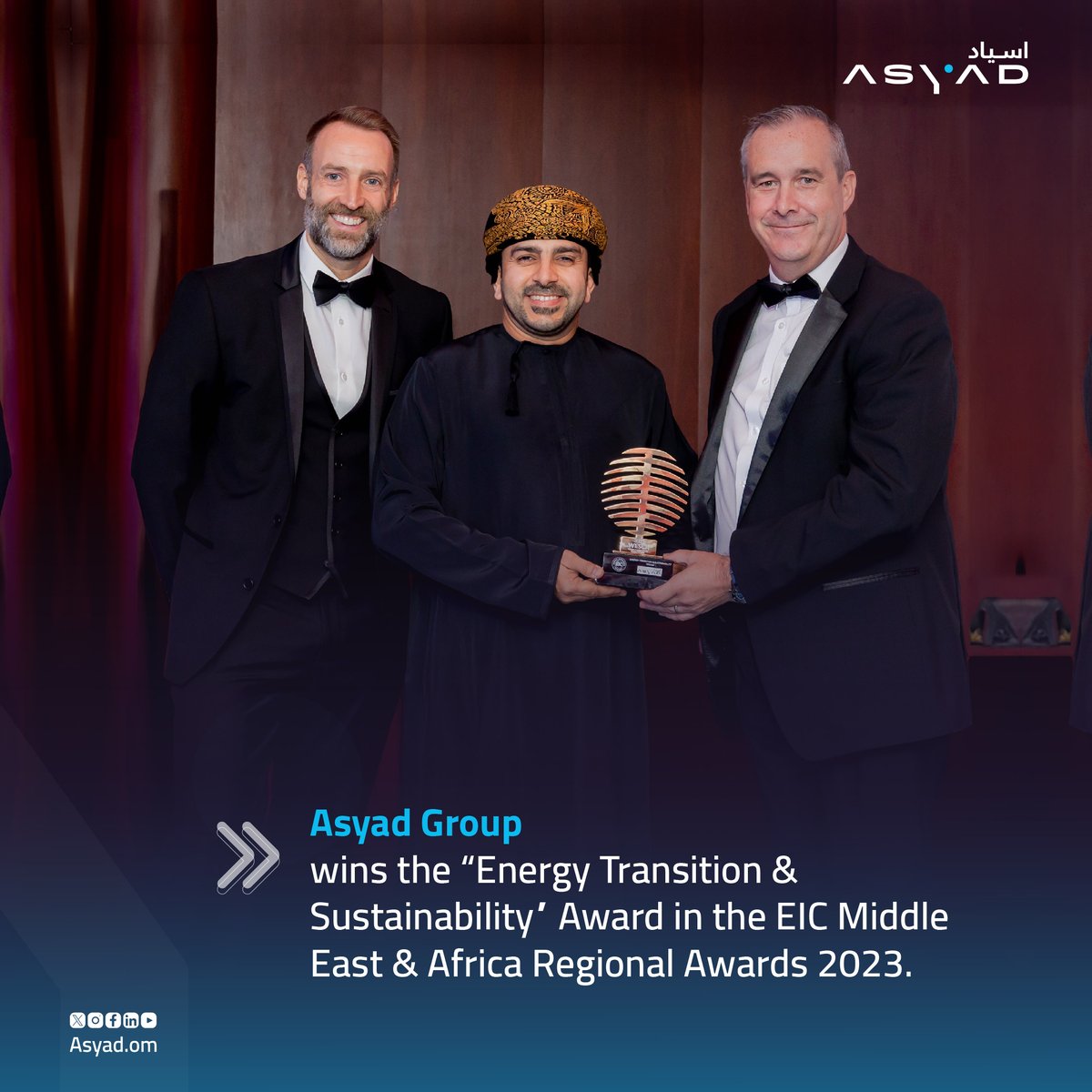 #ASYADGroup claimed the “Energy Transition &amp; Sustainability Award” in the EIC Middle East &amp; Africa Regional Awards 2023. This prestigious recognition underscores the Group’s unwavering commitment to sustainability across its diverse operations and logistics services.