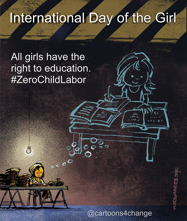 October 11th is the International #DayoftheGirl. @cartoons4change invites cartoonists and illustrators from all continents to create and publish artworks that defend the right of all girls to education and demand governments and corporations #ZeroChildLabor. cc @JenSorensen