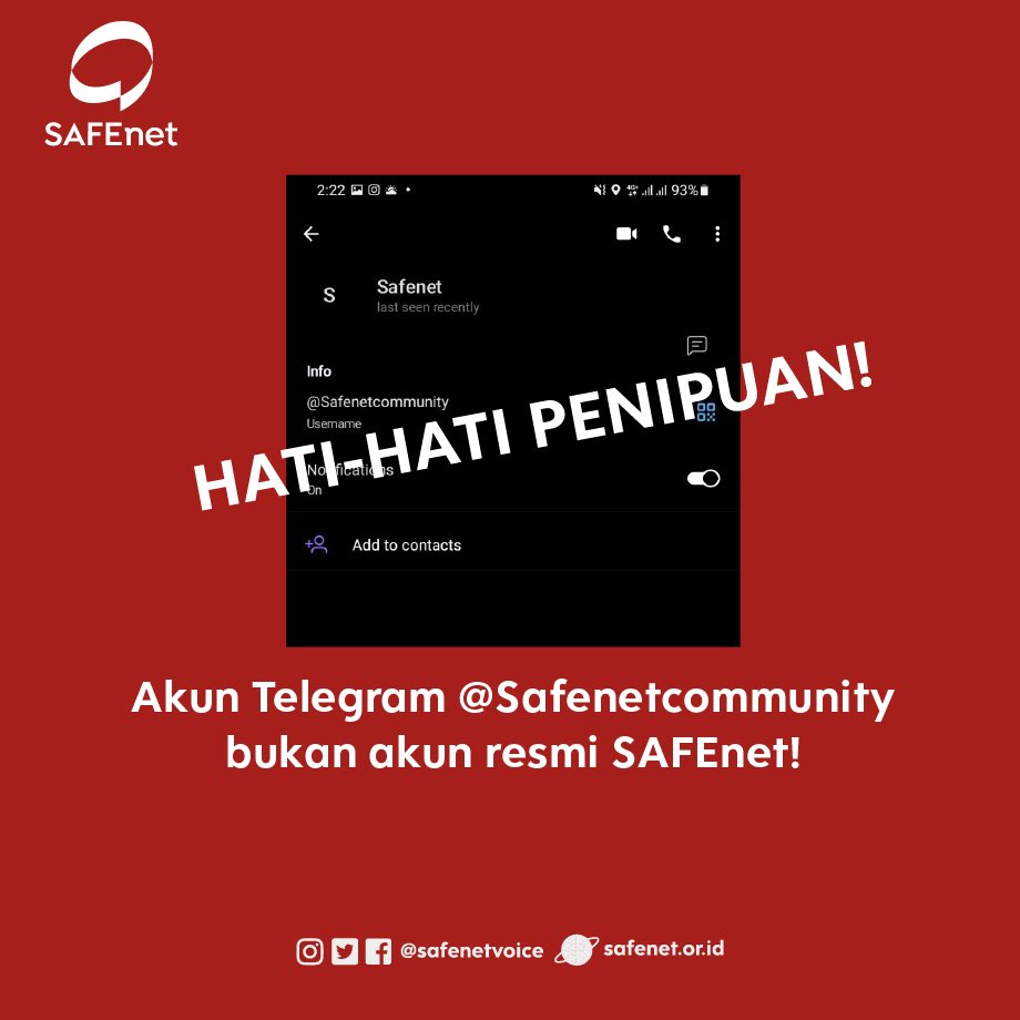 Teman-teman.

Kami mendapatkan laporan adanya akun Telegram dengan nama @/safenetcommunity. Ada indikasi akun ini menawarkan jasa pendampingan pelanggaran hak digital dengan imbalan.

Akun tersebut bukan akun SAFEnet dan sama sekali tidak ada hubungannya dengan SAFEnet.