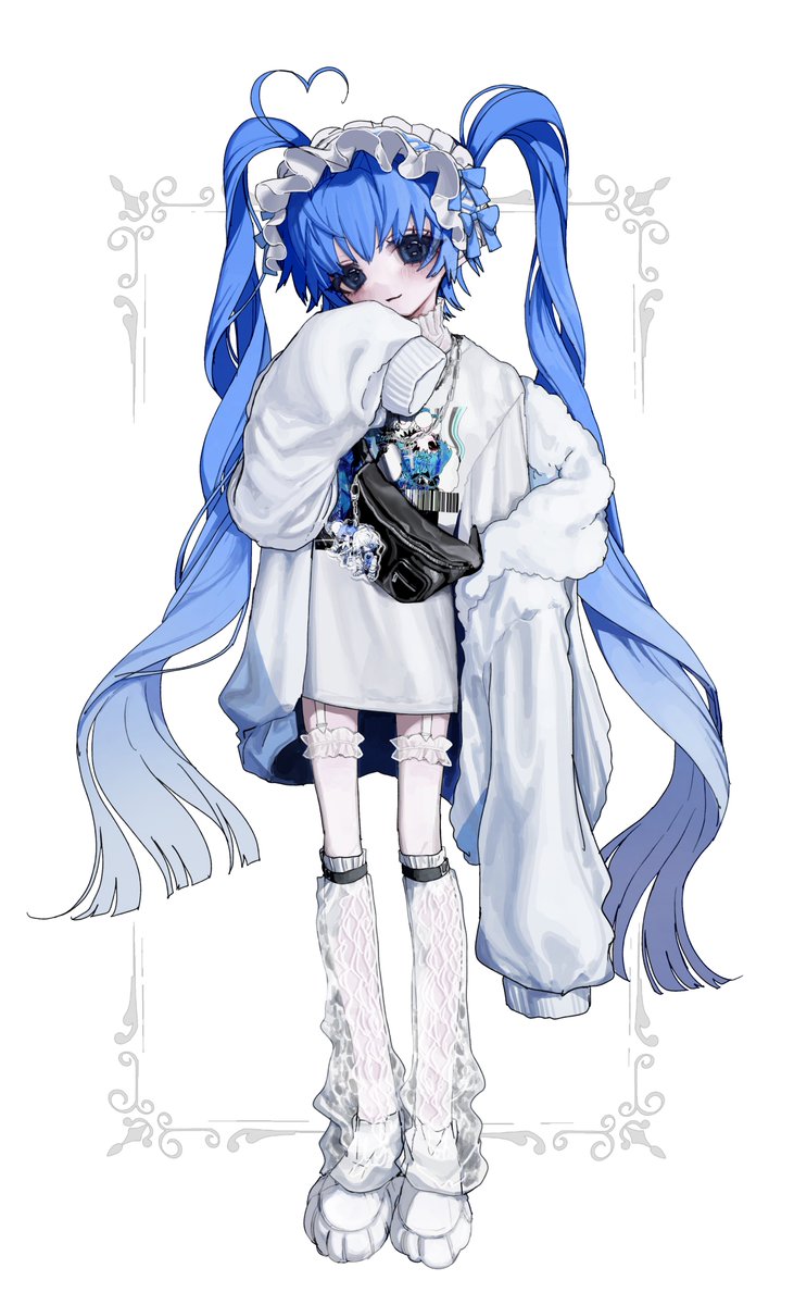 solo 1girl blue hair twintails sleeves past wrists long hair sleeves past fingers  illustration images