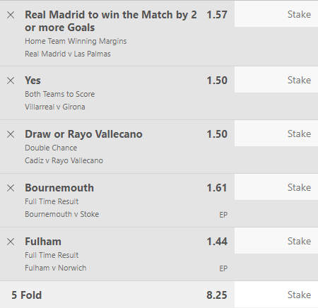 AccaTribe's tweet photo. 🤩⚽️WEDNESDAY TIP ⚽️🤩
🇪🇸LA LIGA 🏴󠁧󠁢󠁥󠁮󠁧󠁿EFL CUP

🌟Real Madrid v Las Palmas
Real Madrid to win by 2 or more goals - 1.57
🌟Villarreal v Girona
BTTS - Yes: 1.50
🌟Cadiz v Rayo Vallecano
Double chance - X2: 1.50
🌟Bournemouth v Stoke
FT Result - W1: 1.61
🌟Fulham v Norwich
FT Result - W1: 1.44

✅ACCA: 8.25

Don't miss your chance to win ! 🔥💰
