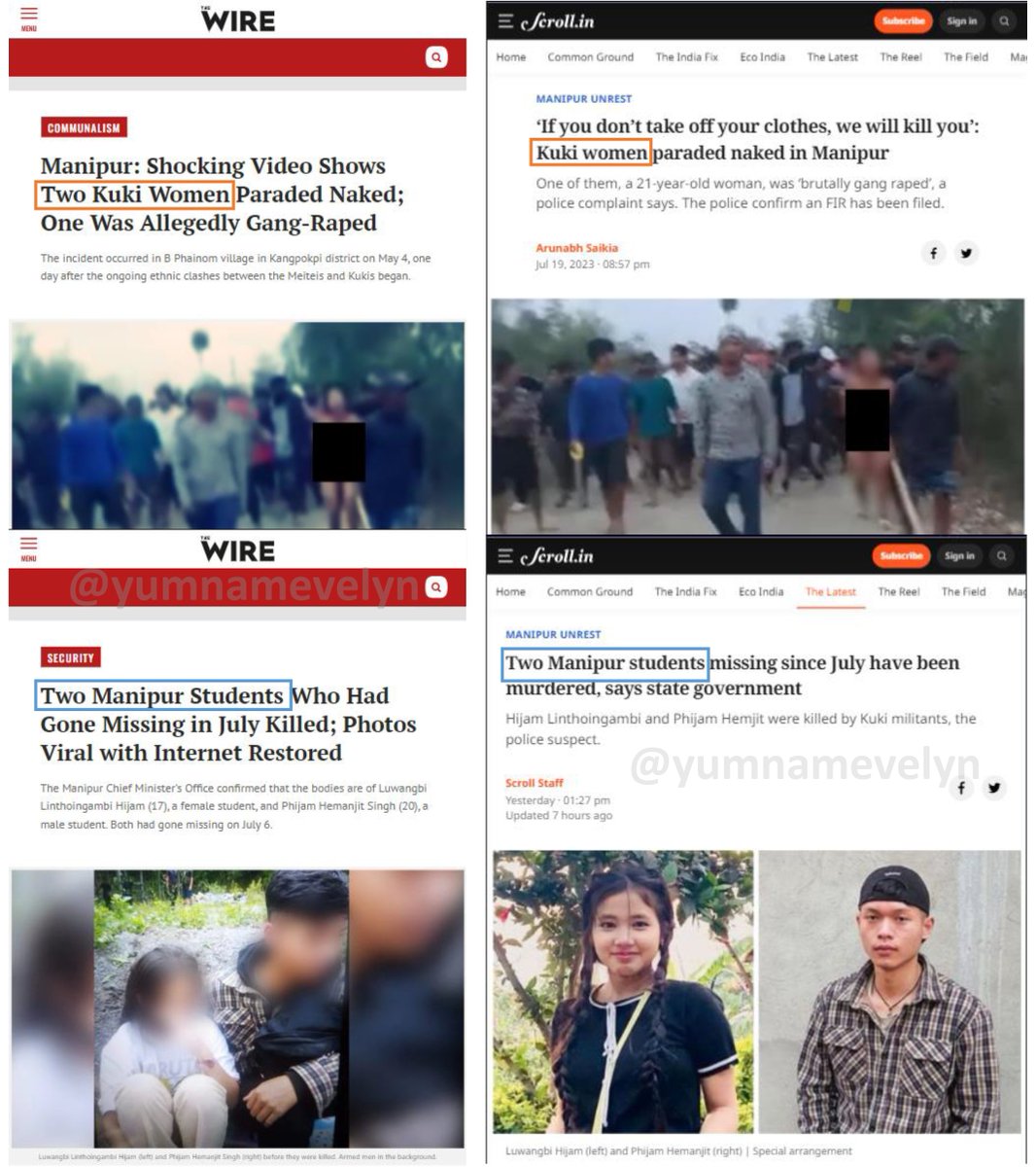 Why is there such biased reporting against the Meiteis, <a href="/thewire_in/">The Wire</a> <a href="/scroll_in/">Scroll.in</a>? Or is it possible that these media channels are influenced by Kuki funding?
Why were the two Meitei Students identified as Manipuri while #Kukis were referred to as Kukis and not #Manipur?
<a href="/ANI/">ANI</a> <a href="/ndtv/">NDTV</a>