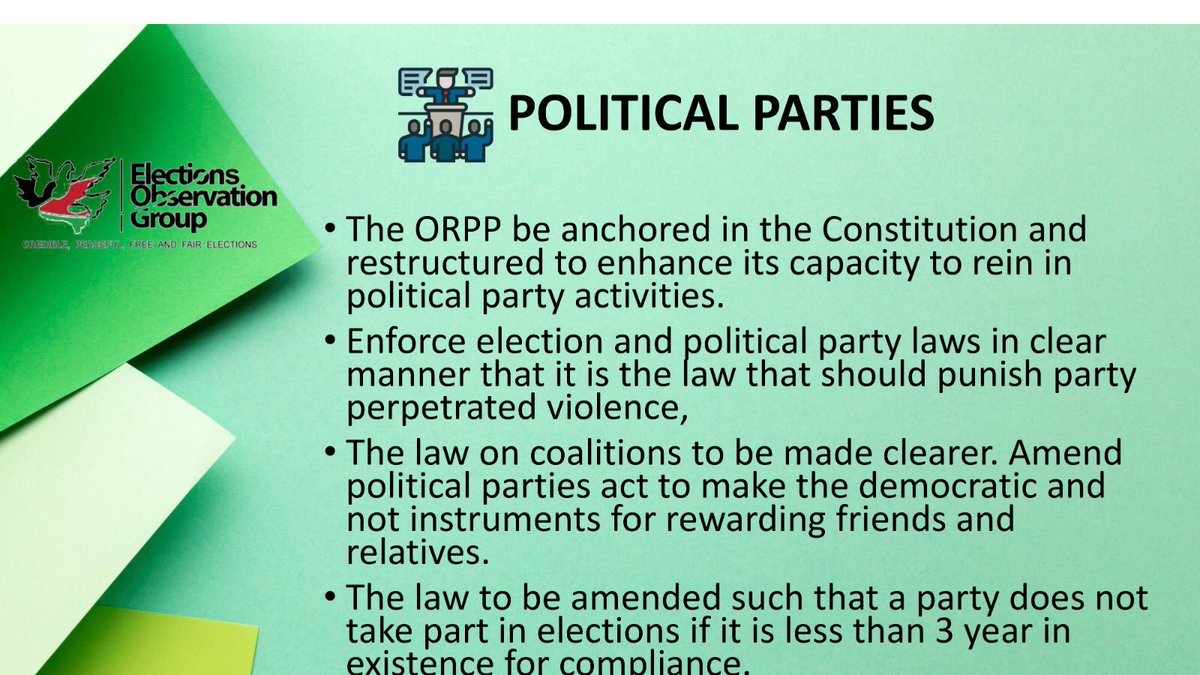 POLITICAL PARTIES 

-The ORPP be anchored in the Constitution and restructured to enhance its capacity to rein in Political Party activities.

@NCCKKenya #VileTunaicheki #EyesOnElections