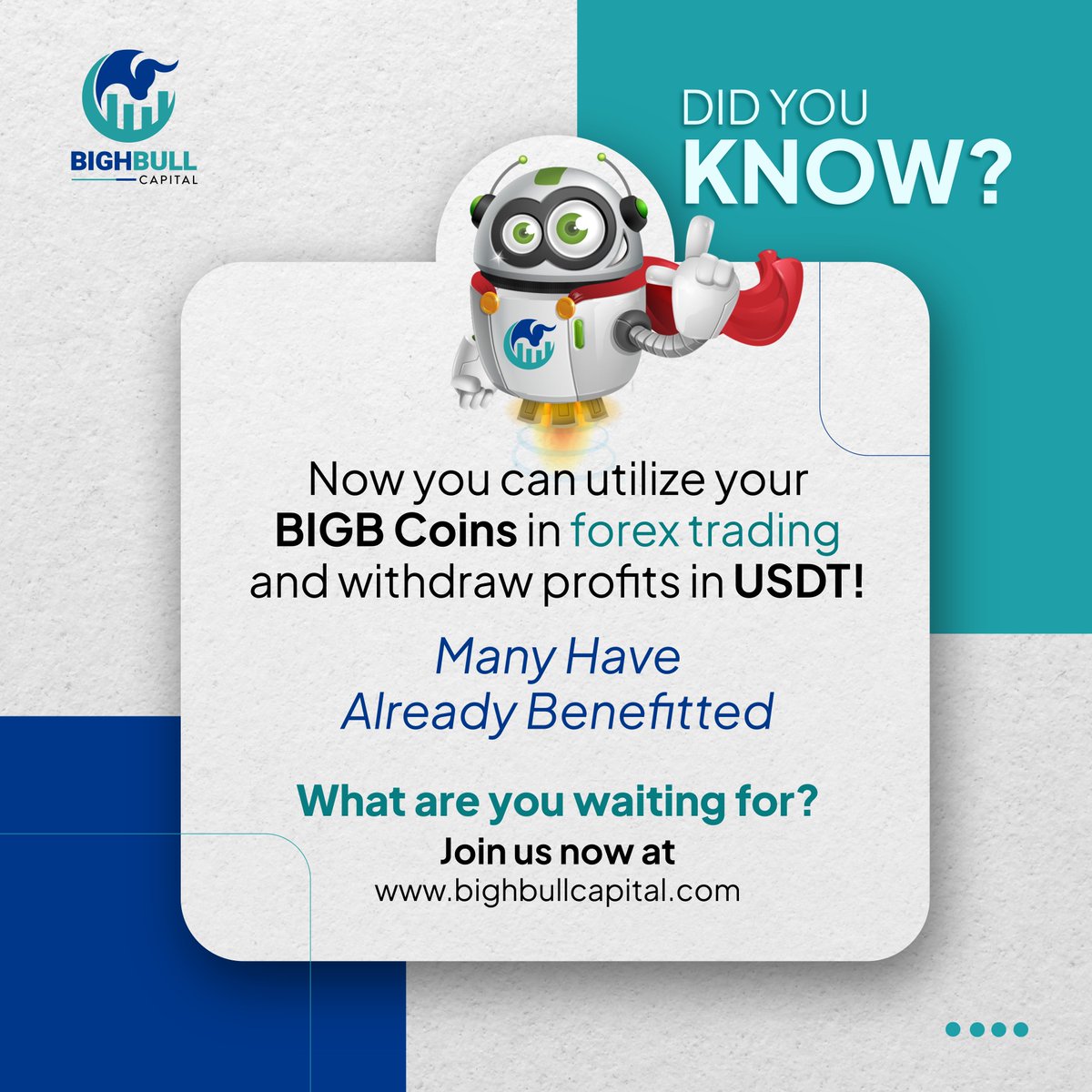DID YOU KNOW?
Now you can utilize your BIGB coins in forex trading and withdraw profits in USDT! Many have already benefited.
What are you waiting for?
Join us now at bighbullcapital.com
#forextrader #forex #bighbullforex #forextrading #bigbforex