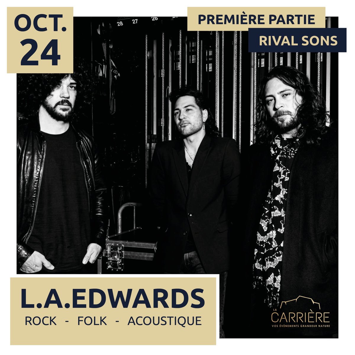 Plus que quelques semaines avant l’arrivée de <a href="/rivalsons/">Rival Sons</a>  à La Carrière ! ❤️‍🔥

Dans un univers rock folk, le groupe L.A. Edwards viendra défendre son 4ème album en première partie ! ✨

Il reste encore des places ! 🥳
👉🏻 lacarriere-events.com/rival-sons