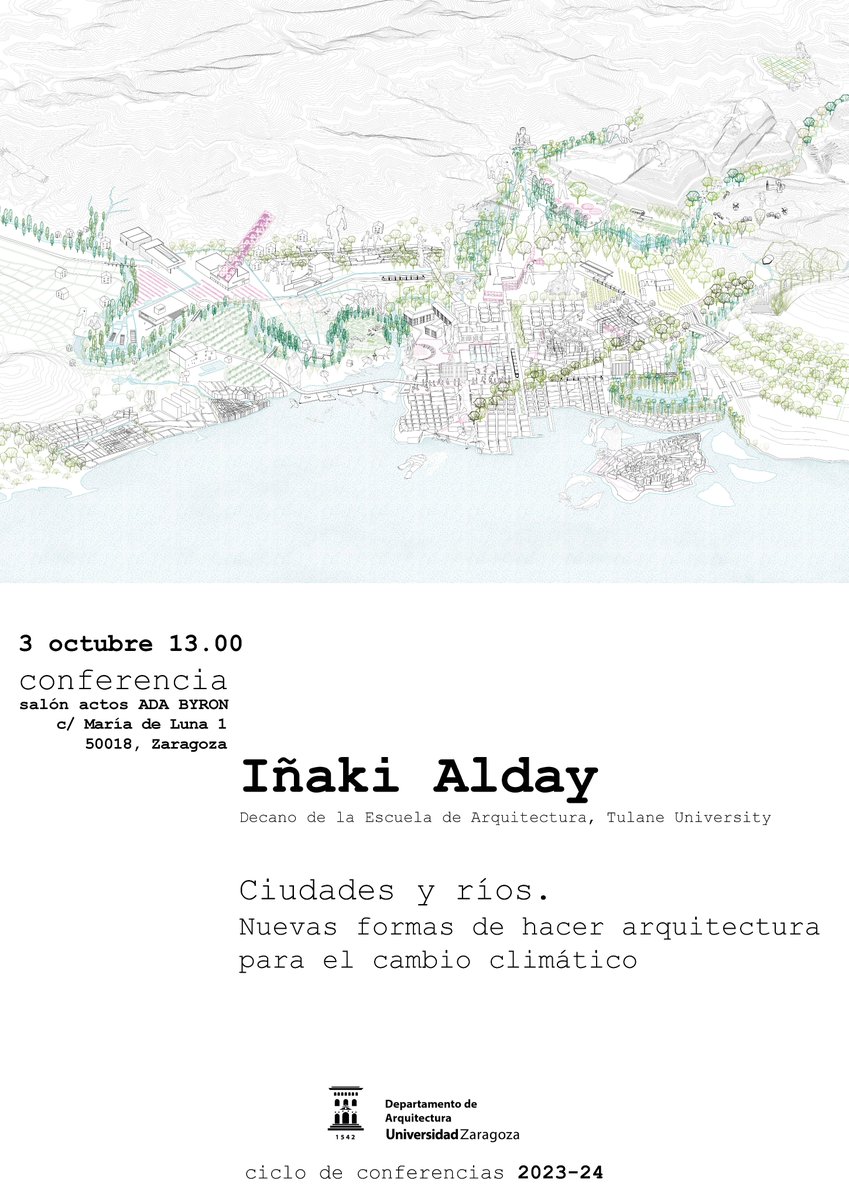 El próximo martes 3 de oct, a las 13h en el salón de actos del edificio Ada Byron, tendrá lugar una conferencia a cargo de Iñaki Alday (decano de arquitectura en Tulane University), y posterior mesa de debate con los profesores Pablo de la Cal, Javier Monclús y Francisco Pellicer