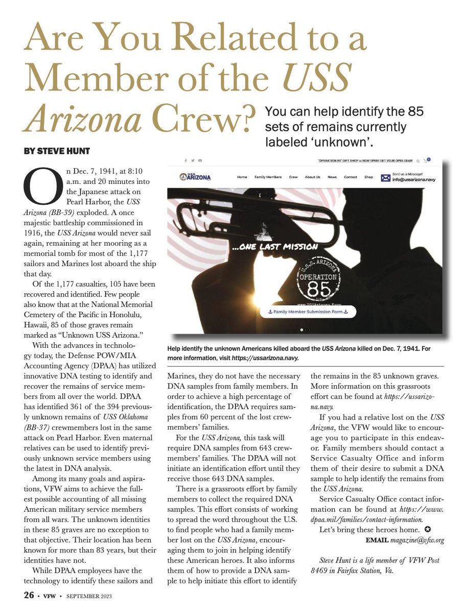 pacificparks's tweet photo. The mission of USS Arizona Operation 85 was featured in the September 2023 issue of Veterans of Foreign Wars (VFW) Magazine: https://t.co/BKg7mgInlY
#USSArizona #Operation85 #PearlHarbor #WWII #WWIIHistory #GreatestGeneration #Rememberhonorunderstand @ussarizona85 https://t.co/ywr4JllgA1