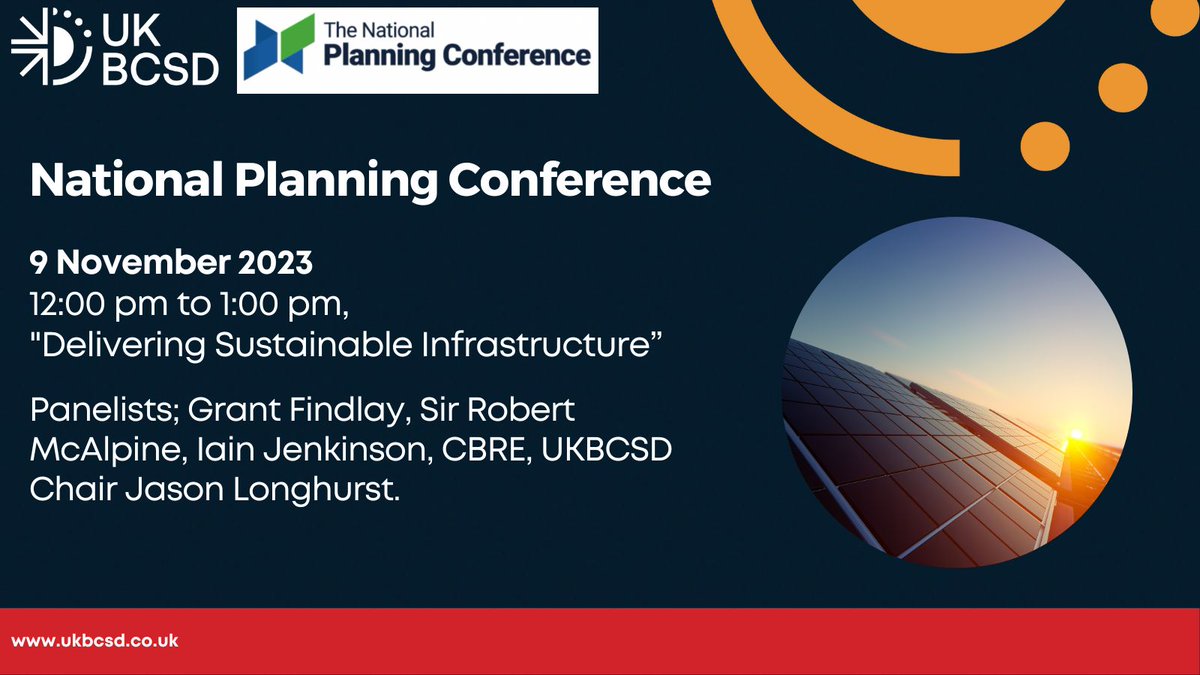 On the 9th November, we will be speaking at the National Planning Conference: "Delivering sustainable infrastructure”.

More information here: buff.ly/3Ev1ZpM 

#Sustainability #Leadership #UKBCSD 
#NationalPlanningConference2023