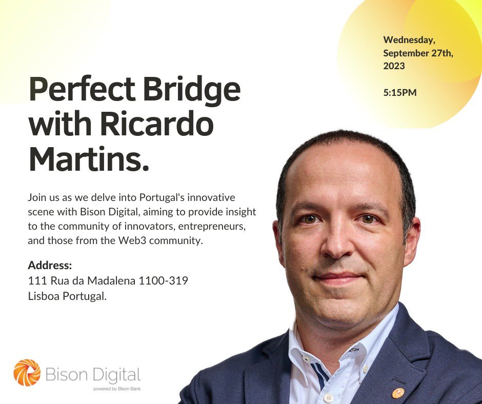 🌟 Bison Bank Presents: The Perfect Bridge Event 🌟

🔵 Ricardo Martins dives deep into the world of digital assets. Witness how Bison Digital Assets stands as the "Perfect Bridge" between cash and crypto. 

Tickets and Event Info: eventbrite.com/e/afi-network-… 🚀

 #BisonBank #Crypto