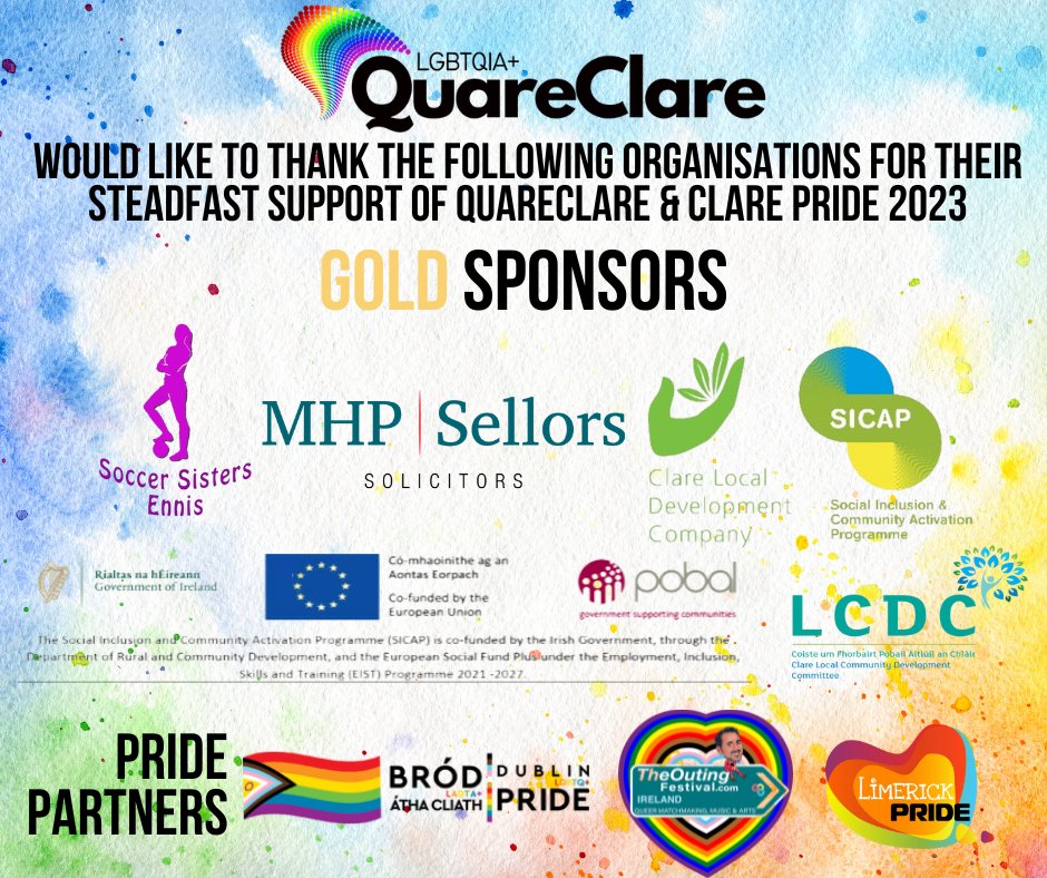 QuareClareLGBTQ's tweet photo. Thank you to our Gold Sponsors for your support of Quare Clare - LGBTQIA+Clare and #ClarePride. We are thankful for your commitment to the LGBTQIA+ community in County Clare we and look forward to working with you again next year! @soccersistersns @CLDC_ @MHPSolicitors https://t.co/Wcqk8TWzBw