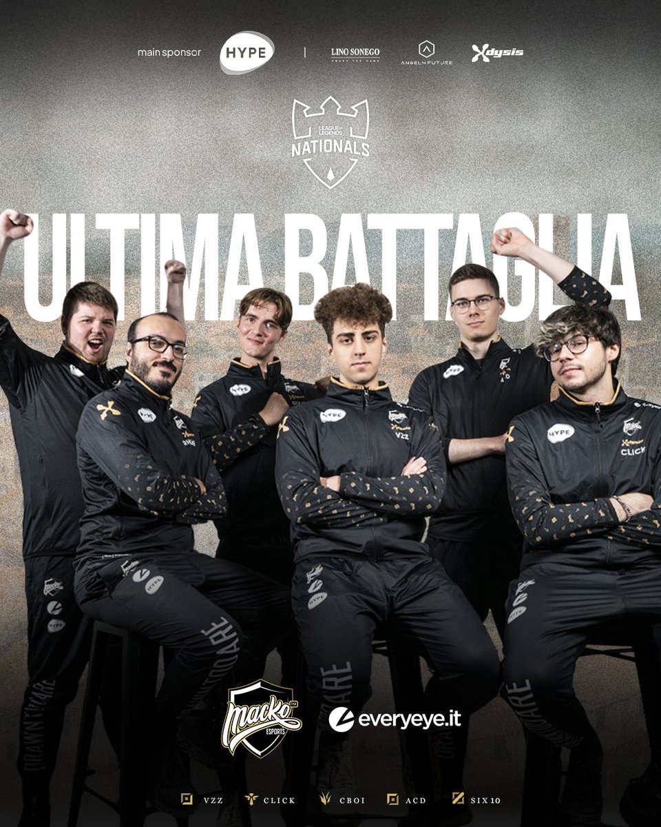 MACKO™ Esports (@mackoesports) on Twitter photo The last battle of the year. Our champions are ready. Who dares to challenge us? 👊💢
⚔️<a href="/ACDlol/">ACD</a> |🌴<a href="/Cboilol/">Casper Bo Simonsen</a> |🧙♂️<a href="/hull_sixten/">Six10lol</a> |
🏹<a href="/Vzz_lol/">Teodor Cholakov</a> | 🛡️ <a href="/ClickTheNik/">Click</a> |
🧢<a href="/Rhareshlol/">Riccardo 'Rharesh' Tata</a> & <a href="/Kiea_Tash/">Tash</a>
🗓️ When? October 2nd
#DrawnToDare #PGNATS #UltimaBattaglia The last battle of the year. Our champions are ready. Who dares to challenge us? 👊💢
⚔️<a href="/ACDlol/">ACD</a> |🌴<a href="/Cboilol/">Casper Bo Simonsen</a> |🧙♂️<a href="/hull_sixten/">Six10lol</a> |
🏹<a href="/Vzz_lol/">Teodor Cholakov</a> | 🛡️ <a href="/ClickTheNik/">Click</a> |
🧢<a href="/Rhareshlol/">Riccardo 'Rharesh' Tata</a> & <a href="/Kiea_Tash/">Tash</a>
🗓️ When? October 2nd
#DrawnToDare #PGNATS #UltimaBattaglia