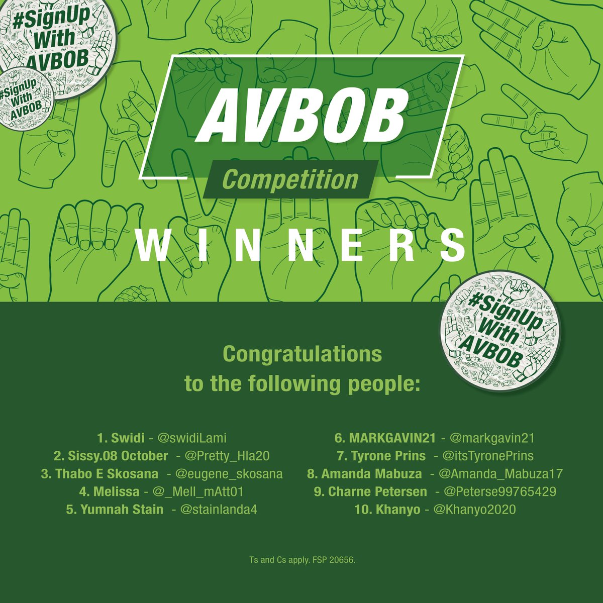 AVBOBSA's tweet photo. Congratulations to this week's #SignUpWithAVBOB winners!
If you haven't already entered the #SignUpWithAVBOB competition, you have until Thursday, September 28, at 12 PM to do so. If you don't, you'll miss out on the chance to win R100 airtime vouchers, so get ready!
Ts and Cs apply.
#HeritageMonth #SASL #SignUpWithAVBOB