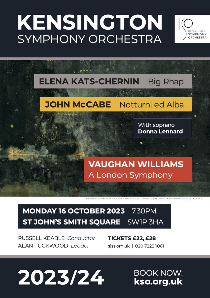First concert of the season on Monday 16 October at @StJohnsSmithSq - Elena Kats-Chernin, Vaughan Williams and John McCabe's exotic and seductively beautiful Notturni ed Alba with soprano @DonnaLennardSop kso.org.uk/event/concert-…