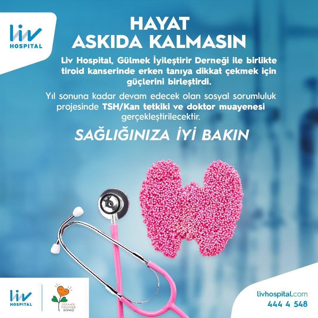 Liv Hospital, Gülmek İyileştirir Derneği ile birlikte tiroid kanserine dikkat çekmek için güçlerini birleştirdi. Yıl sonuna kadar devam edecek olan sosyal sorumluluk projesinde TSH/Kan tetkiki ve doktor muayenesi gerçekleştirilecektir. #livhospital #sağlığıngeleceği #tiroid