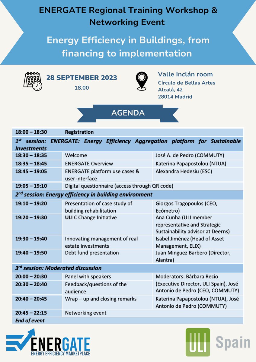 Energate_eu's tweet photo. 🚨 Tomorrow's the day! 🚨

Are you a 🏠#buildingowner, 🔧#implementor, or💰
#financier in building renovation projects financing?

📢 The #energate_eu Workshop in Madrid is just 1 day away! 

🔗 Last chance: https://t.co/hMLlwciRH0

#LIFEProgramme #LIFEAmplifier #EnergyEfficiency https://t.co/yDerOvkdyD