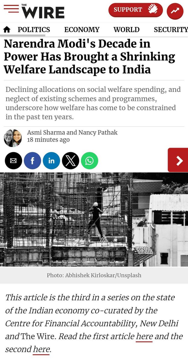 📢Narendra Modi's Decade in Power Has Brought a Shrinking Welfare Landscape to India

✍️by <a href="/asmi_26/">Asmi</a> &amp; <a href="/nancy_pathak/">Nancy Pathak</a> 

This is the third article of the series on state of Indian economy co-curated by CFA &amp; <a href="/thewire_in/">The Wire</a> 
🧵on shrinking welfare spending 1/6
thewire.in/economy/narend…